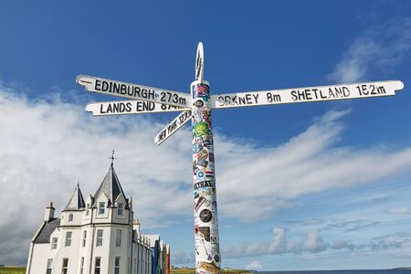JOHN O'GROAT'S, SCOTLAND - AUGUST 08 2017: Britains lands end sign at john o'groats in scotland with...