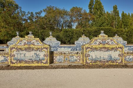QUELUZ, SINTRA / PORTUGAL - OCOBER 02, 2017: The Tiles Chanel at Queluz National Palace. Tiles panels represent different galant scenes like a hunting, landscape and otherのeditorial素材