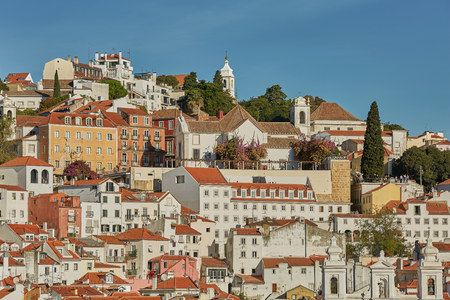 View of traditional architecture and houses on Sao Jorge hill in Lisbon, Portugalの写真素材