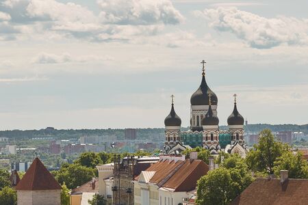 View of the wall surrounding center of the city of Tallinn in Estonia and Alexander Nevsky Cathedralの写真素材