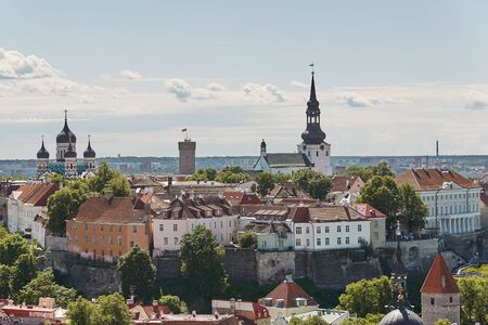 TALLINN, ESTONIA - JULY 07, 2017: View of the wall surrounding center of the city of Tallinn in Estonia and Alexander Nevsky Cathedralのeditorial素材