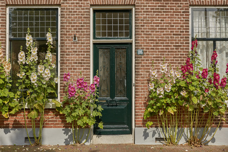 VLISSINGEN, NETHERLANDS - JUNE 15, 2017: House entrance decorated with flowers. Rustic style concept. Beautiful design elements of unknown building in Vlissengen Netherlands.のeditorial素材