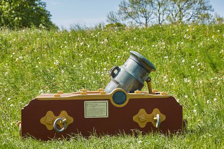 FREDERICIA, DENMARK - MAY 24, 2017: Old bronze cannon on rampart in city Fredericia, Denmark.のeditorial素材