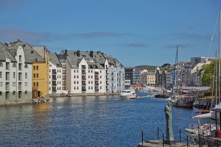 ALESUND, NORWAY - MAY 29, 2017: Buildings architecture Jugendstil (or better known as Art Nouveau). City of Alesund in Norway  was rebuild completely in 1904 to 1907.のeditorial素材