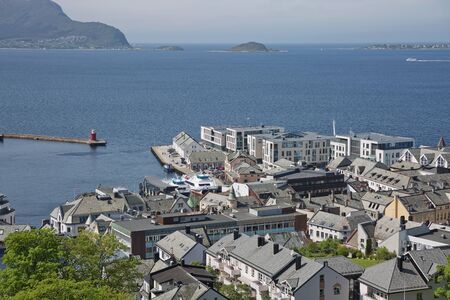 ALESUND, NORWAY - MAY 29, 2017: The bird's eye view of Alesund port town on the west coast of Norway, at the entrance to the Geirangerfjord.のeditorial素材