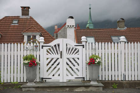 Old vintage houses and classic architecture in town of Bergen in Norwayのeditorial素材