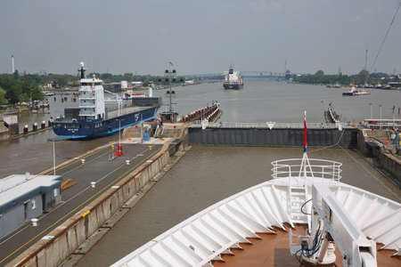 Kiel, Germany - May 23, 2017: Cruise ship passes the Holtenau lock of the Kiel Canal to continue their journey to the Baltic Seaのeditorial素材