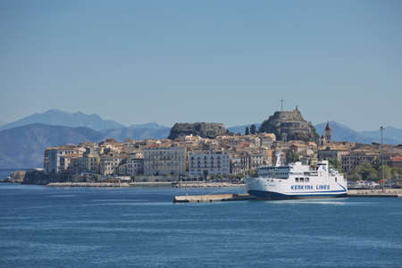 Corfu, Greece - October 8, 2017: Kerkyra lines ferry and historical center of island of Corfu in Greece.のeditorial素材