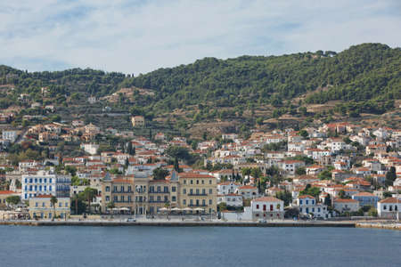 Spetsai, Greece - October 18, 2017:  Magnificent historic town in island of Spetses with traditional character and neoclassic houses in Saronic gulf, Greeceのeditorial素材