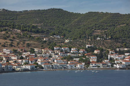 Spetsai, Greece - October 18, 2017:  Magnificent historic town in island of Spetses with traditional character and neoclassic houses in Saronic gulf, Greeceのeditorial素材