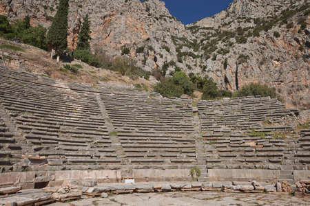 Panoramic view of Ancient Theater of Delphi, Phocis in Greece. The theater, with a total capacity of 5,000 spectatorsの写真素材
