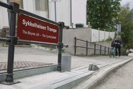 Trondheim, Norway - June 23, 2017: The Trampe bicycle lift, Norwegian: Sykkelheisen Trampe. The bicycle lift, developed in Trondheim, goes up the steep hill at Brubakken near Gamle Bybro.のeditorial素材