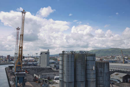 Belfast, Northern Ireland - June 9, 2017:  A view across Belfasts dockland from HMS Caroline in the...