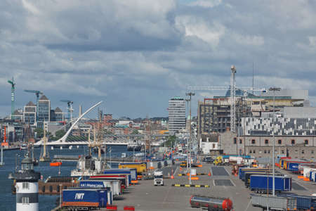Dublin, Ireland - June 6, 2017: View of Dublin and Samuel Beckett Bridge known as a Harp Bridge from...