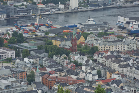 View of Bergen city from Mount Floyen, Floyen is one of the city mountains in Bergen, Hordaland, Norway, and one of the cityâs most popular tourist attractions.の写真素材