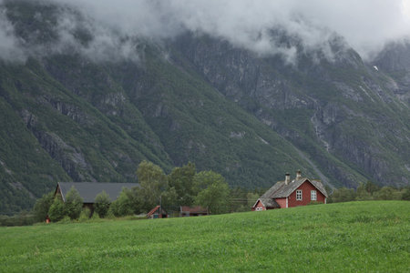 The village of Eidfjord in Norway is a major cruise ship port of call. It is situated at the end of the Eid Fjord, an inner branch of the large Hardangerfjorden.の写真素材