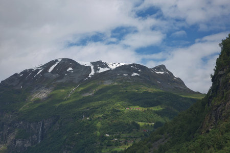 Geiranger fjord, Beautiful Nature Norway. It is a 15-kilometre (9.3 mi) long branch off of the Sunnylvsfjorden, which is a branch off of the Storfjorden (Great Fjord).の写真素材