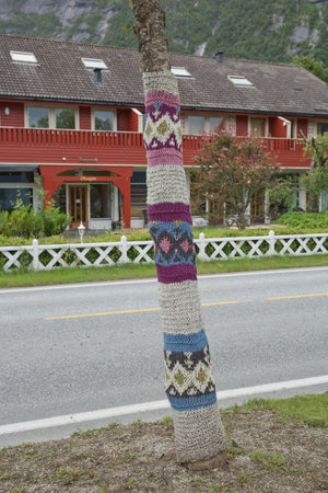 The main road into town is lined with knit/crochet trees. The knitting concept has a broad symbolic meaning.の写真素材