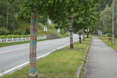 The main road into town is lined with knit/crochet trees. The knitting concept has a broad symbolic meaning.の写真素材