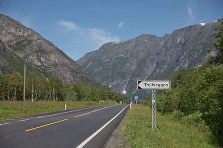 Road sign showing directions to famous tourist destination Troll Wall in Trollveggen in Norway.の写真素材