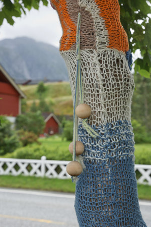 The main road into town is lined with knit/crochet trees. The knitting concept has a broad symbolic meaning.の写真素材