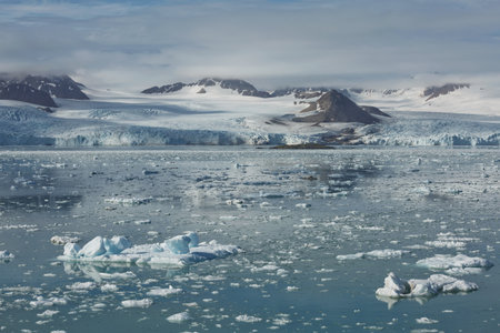 Mountains, glaciers and coastline landscape close to a village called "Ny-Ãlesund" located at 79 degree North on Spitsbergen.の写真素材