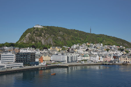 Alesund, Norway - July 19, 2017: Beautiful view of Alesund, port town on the west coast of Norway, at the entrance to the Geirangerfjord.のeditorial素材