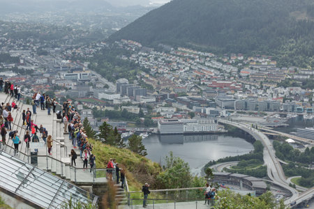 Bergen, Norway - July 18, 2017: View of Bergen city from Mount Floyen, Floyen is one of the city mountains in Bergen, Hordaland, Norway, and one of the cityâs most popular tourist attractions.のeditorial素材