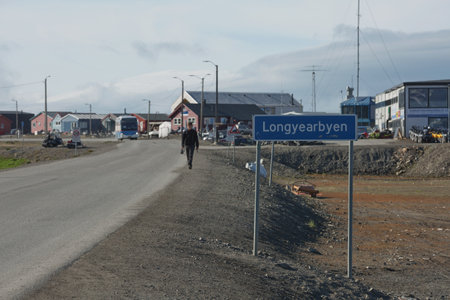 Longyearbyen, Svalbard, Norway - July 22, 2017: Welcome sign and entrance at port of Longyearbyen Svalbard in Norway.のeditorial素材