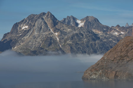 Glaciers and coastline landscape of the Prince Christian Sund Passage in Greenland.の写真素材