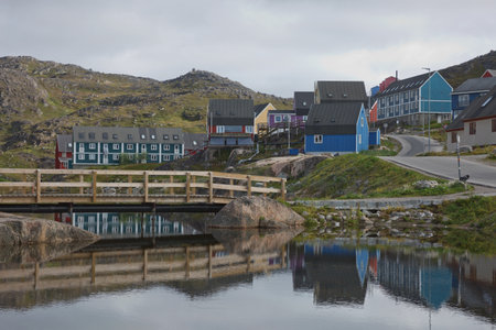View of Qaqortoq in Greenland. The town is located in southern Greenland with a population of around 4,000 people.の写真素材
