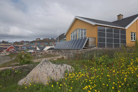 View of Qaqortoq in Greenland. The town is located in southern Greenland with a population of around 4,000 people.の写真素材