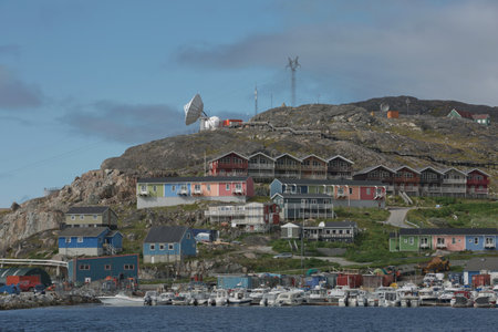 View of Qaqortoq in Greenland. The town is located in southern Greenland with a population of around 4,000 people.の写真素材