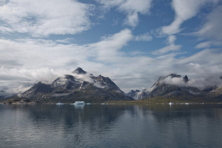 Glaciers and coastline landscape of the Prince Christian Sund Passage in Greenland.の写真素材