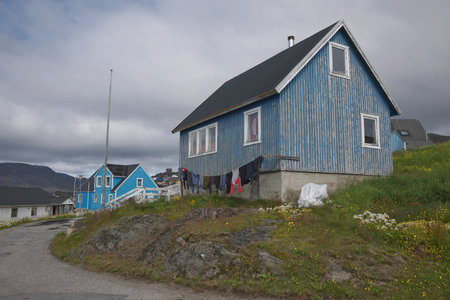 View of Qaqortoq in Greenland. The town is located in southern Greenland with a population of around 4,000 people.の写真素材