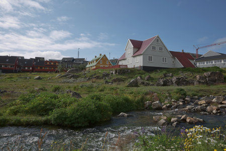 View of Qaqortoq in Greenland. The town is located in southern Greenland with a population of around 4,000 people.の写真素材