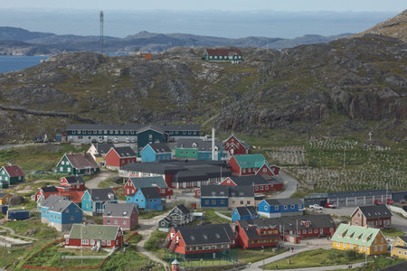 View of Qaqortoq in Greenland. The town is located in southern Greenland with a population of around 4,000 people.の写真素材