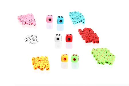 a lot of colorful playing dices (may symbolized teams with  leaders)