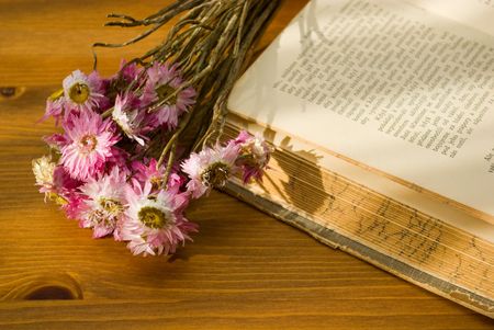domestic still life  died flower and old bookの写真素材