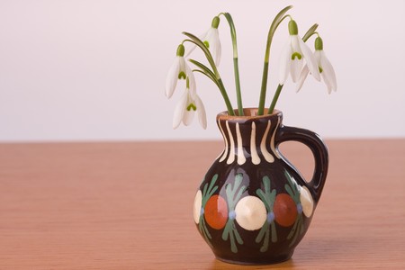 snowdrop flowers in vase on tableの写真素材