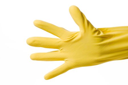 hand in rubber glove isolated on white backgroundの写真素材