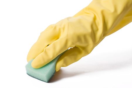 latex glove and sponge on white background