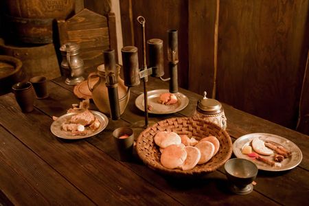 medieval feast.a lot of food and drink 