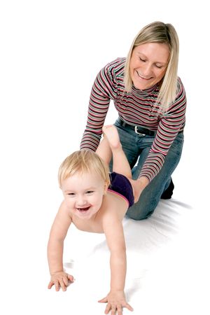 mother playing with her child on white backgroundの写真素材