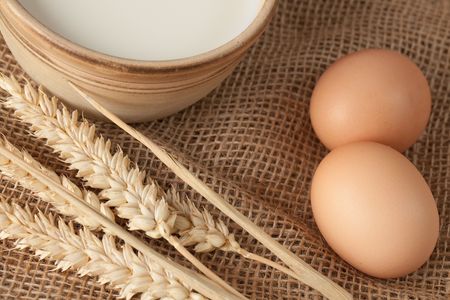 nature products . eggs , milk and wheatの写真素材