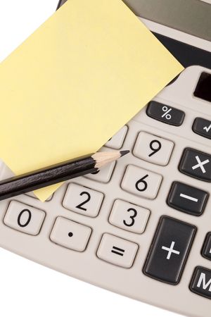 calculator,pencil and blank notepaper on white backgroundの写真素材