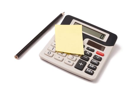 calculator,pencil and blank notepaper on white backgroundの写真素材