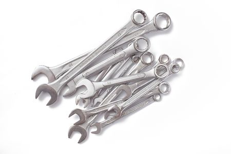 the chrome spanners on white backgroundの写真素材
