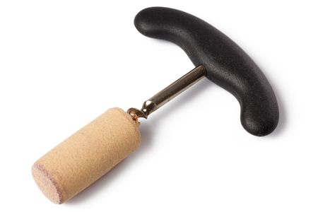 the cork and corkscrew on a white backgroundの写真素材