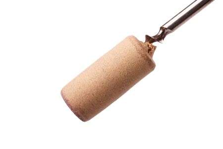 the cork and corkscrew on a white backgroundの写真素材